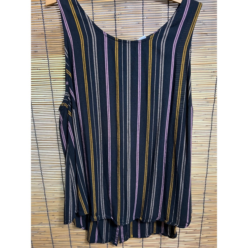 Ava & Viv Womens 1X Tank Top Black Purple Gold Striped Button Back Sleeveless C1